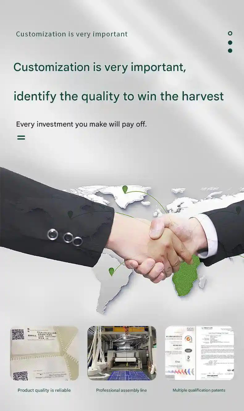 Business handshake over global map and quality certifications for non-woven bags customization