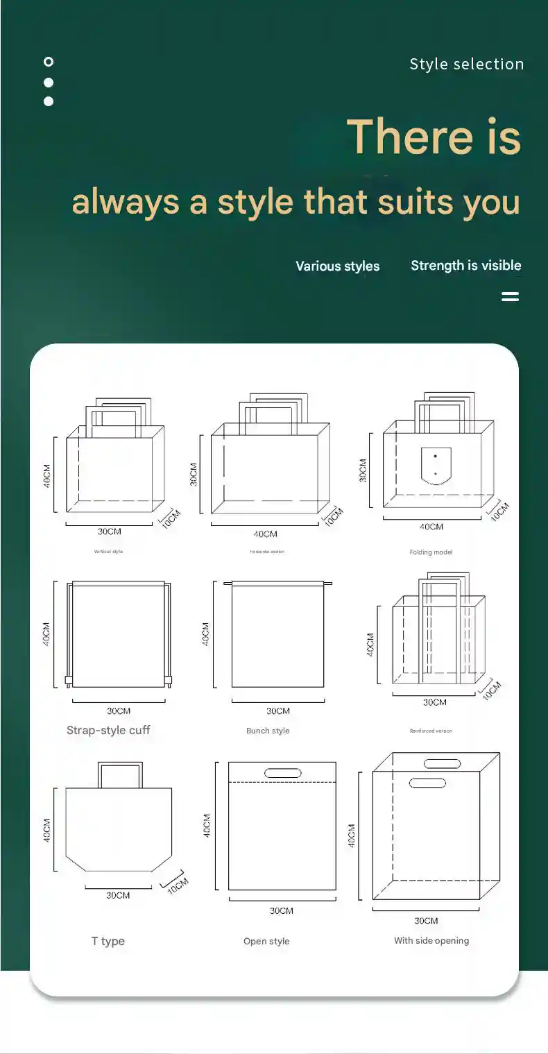 Different non-woven bag styles and sizes with detailed specifications