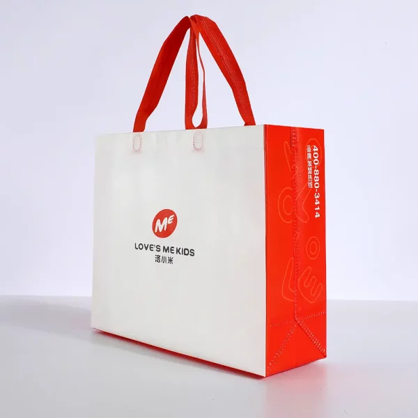 Side view of paper nonwoven clothing bag with brand logo