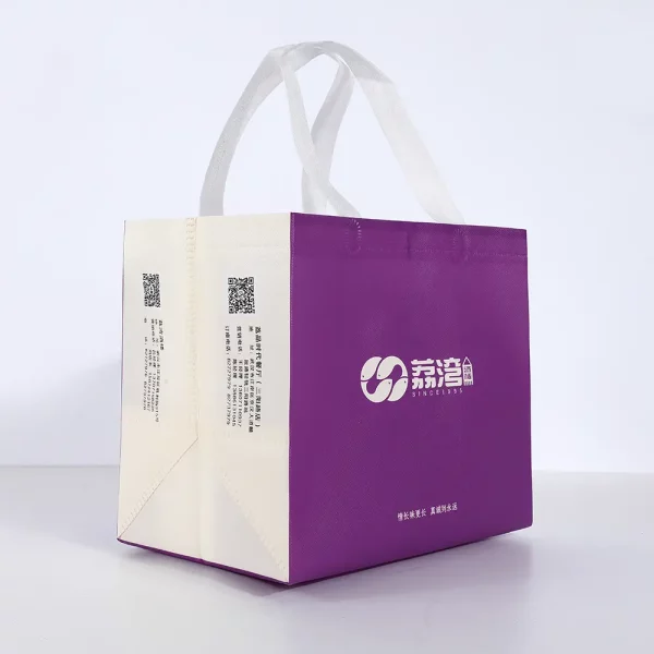 Side view of custom laminated non-woven take-out bag with logo – food delivery packaging bag