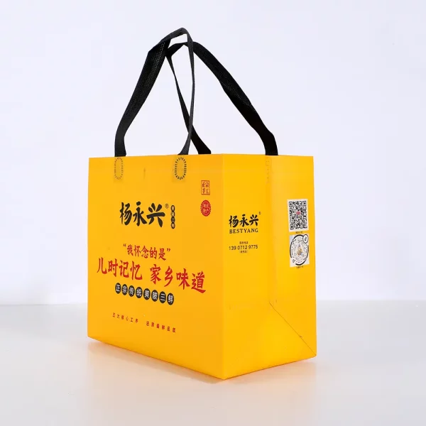 Front view of custom printed laminated non-woven take-out bag